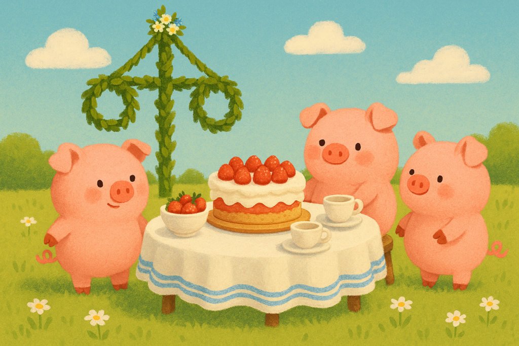 Midsommarstång, jordgubbstårta och rosa grisar